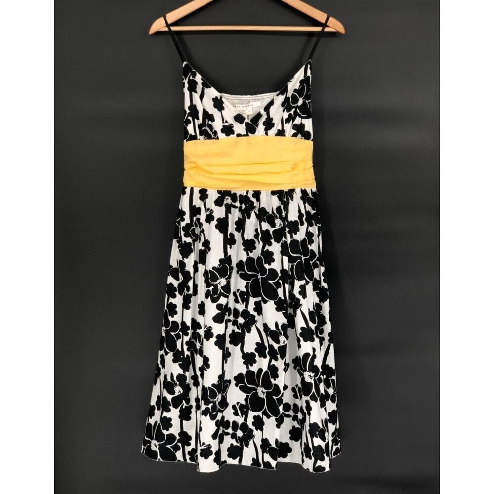 NWT Max Studio Womens Floral Sundress Yellow Sash L Black White Y2k Party Dance